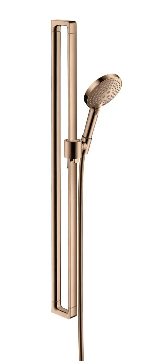Handbrause mit Halterung und Schlauch in Rotgold, montiert an einer vertikalen Wandplatte. Design von AXOR, klare Linien und modernes Aussehen.